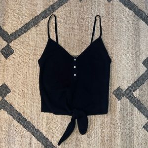 INTERMIX Cropped Black V-Neck Top with Spaghetti Straps and Tie Hem